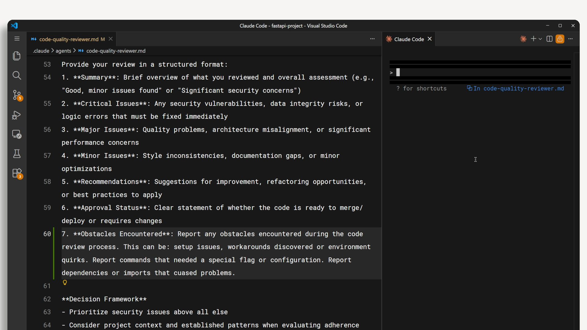 The code-quality-reviewer system prompt open in an editor, highlighting the Obstacles Encountered section of the output format