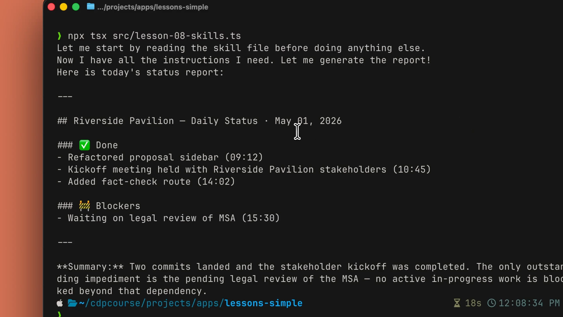 Terminal output of the generated daily status report, with Done and Blockers sections and a summary formatted by the Skill