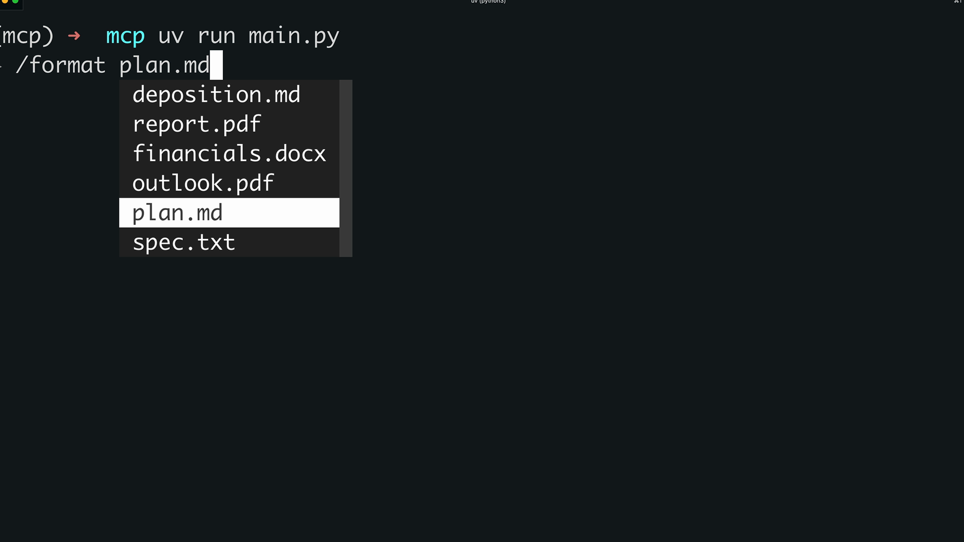 The CLI after typing "/format plan.md", showing a dropdown of available documents — deposition.md, report.pdf, financials.docx, outlook.pdf, plan.md, and spec.txt — with plan.md highlighted