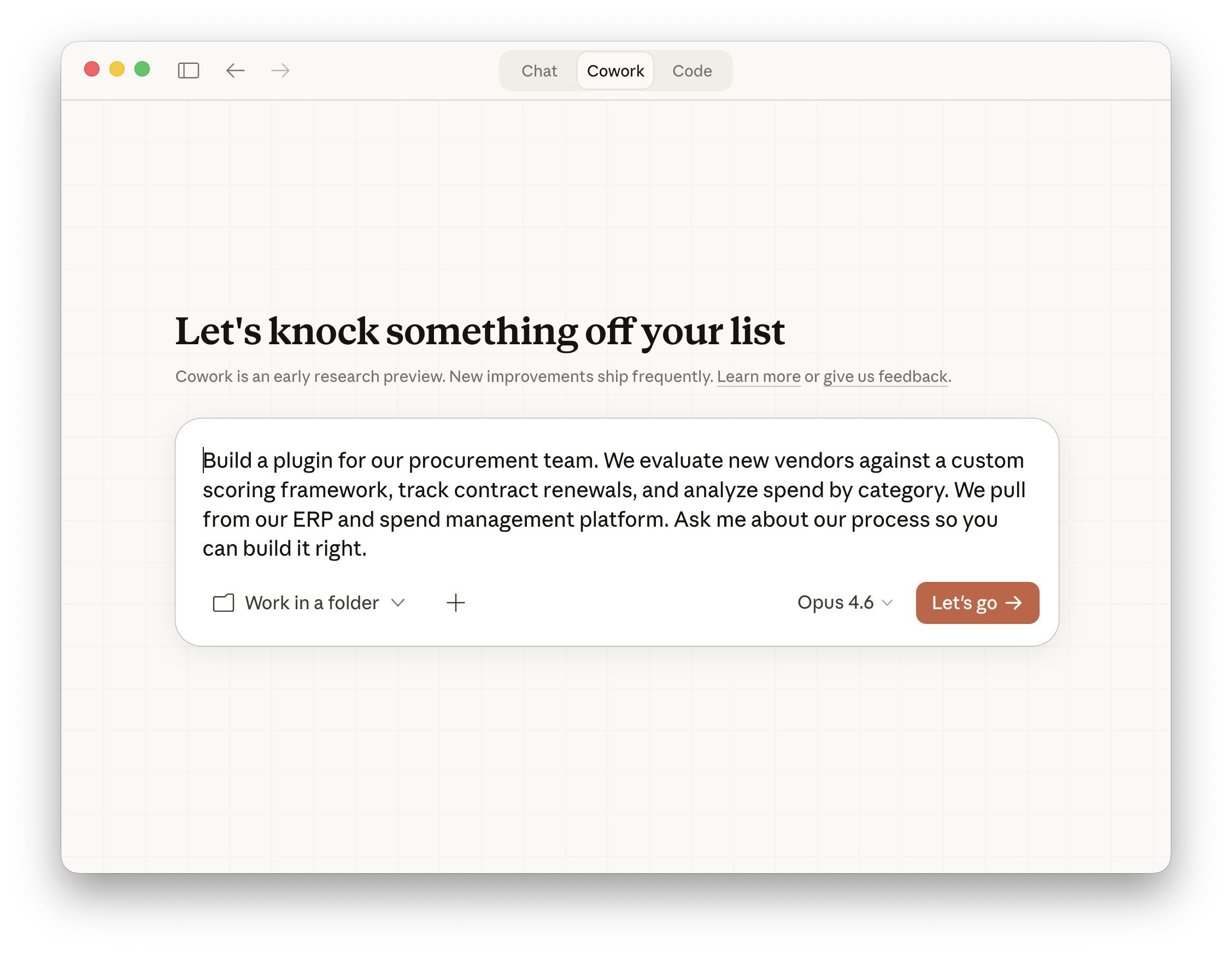 The Cowork home screen with a prompt describing a plugin to build for a procurement team