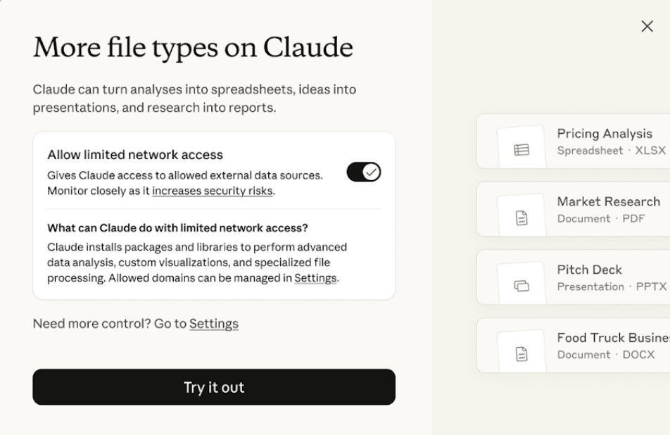 Claude requesting permission to access external data, with the "Allow limited network access" toggle turned on