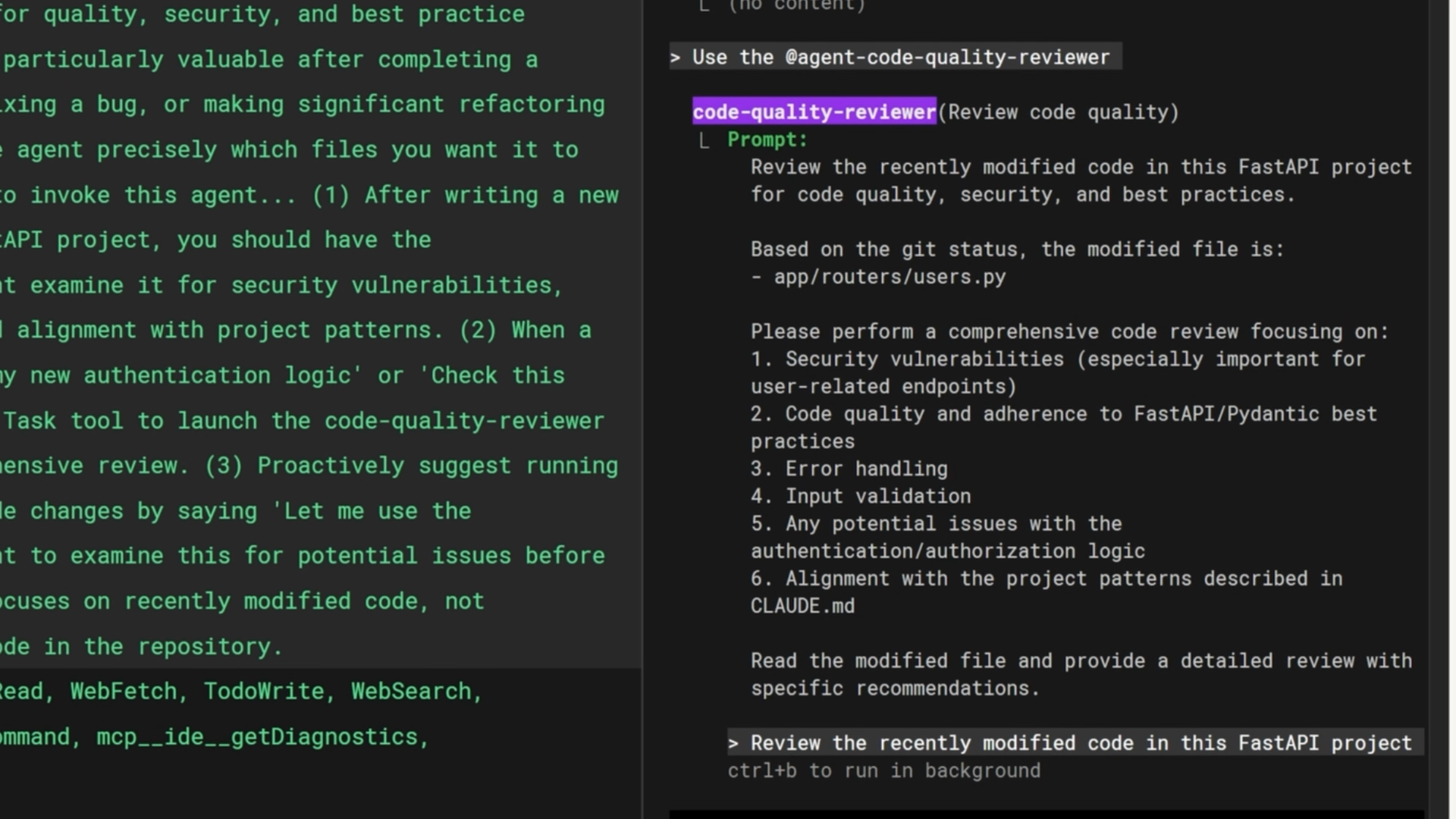 The main agent delegating to the code-quality-reviewer subagent with a specific input prompt that lists the modified file and review focus areas