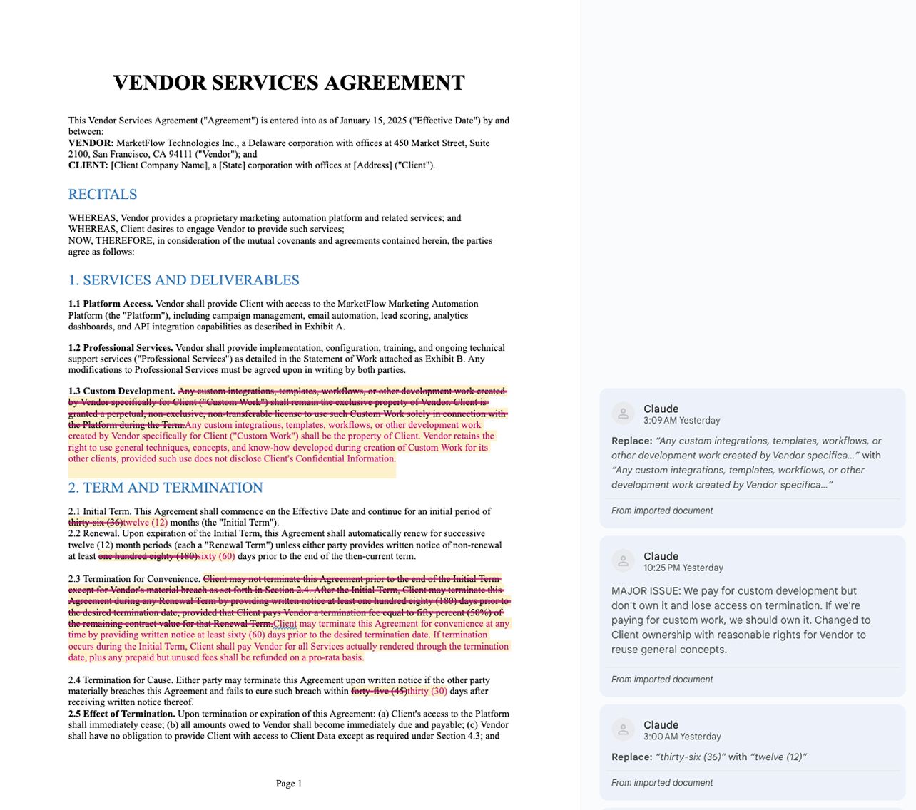 Contract redlining and negotiation result