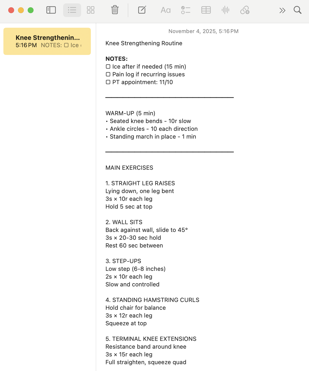 Create health and exercise notes result