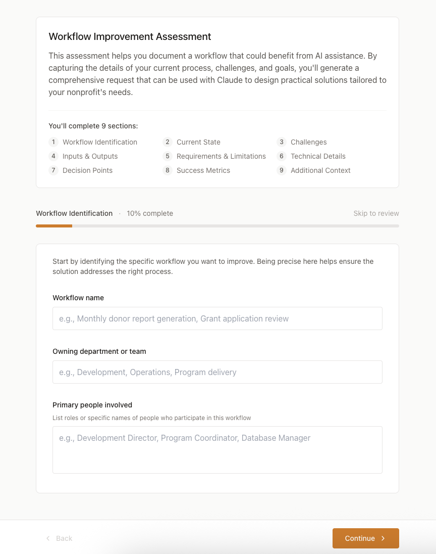 Workflow Improvement Assessment artifact — a multi-step form with 9 numbered sections (Workflow Identification through Additional Context), a progress bar, and fill-in fields for workflow name, owning department, and people involved